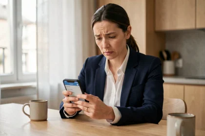 Femme utilisant son smartphone pour faire opposition sur son compte Crédit Agricole en ligne depuis son domicile