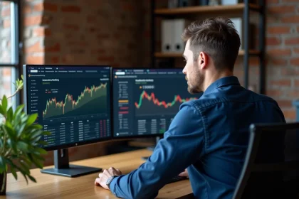 Homme analysant les frais de transaction sur une blockchain via un double écran dans un bureau moderne