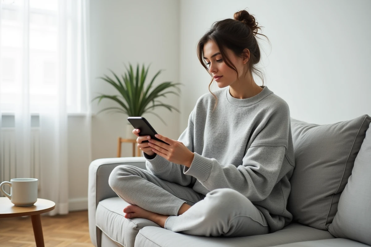 Femme consultant les options d'optimisation de transfert crypto sur smartphone dans un salon minimaliste