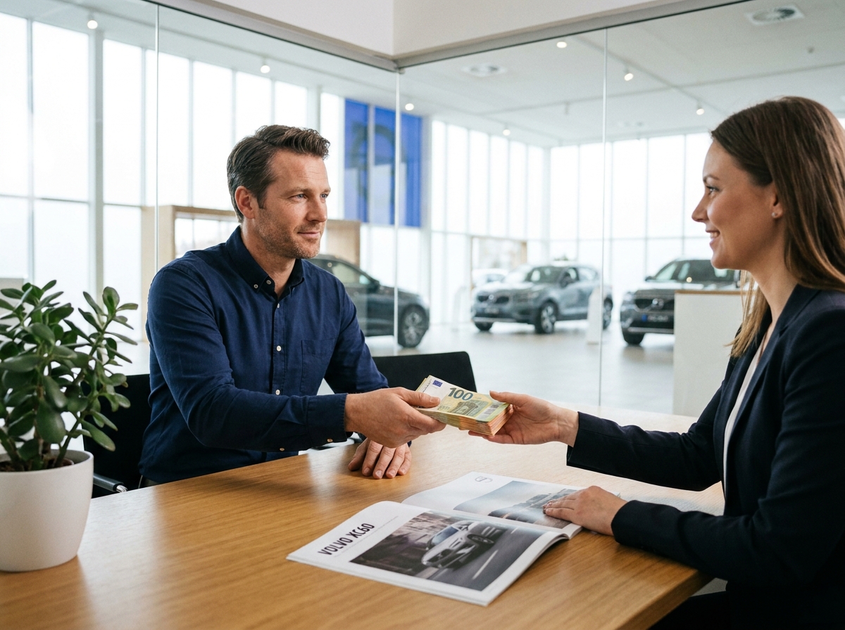 Un homme effectue un paiement au comptant pour l'achat d'une voiture chez un concessionnaire