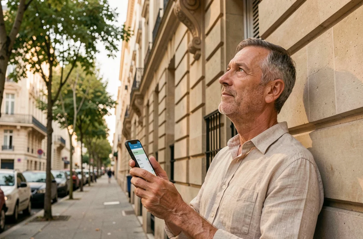Particulier consultant une application de placement immobilier SCPI devant un immeuble parisien