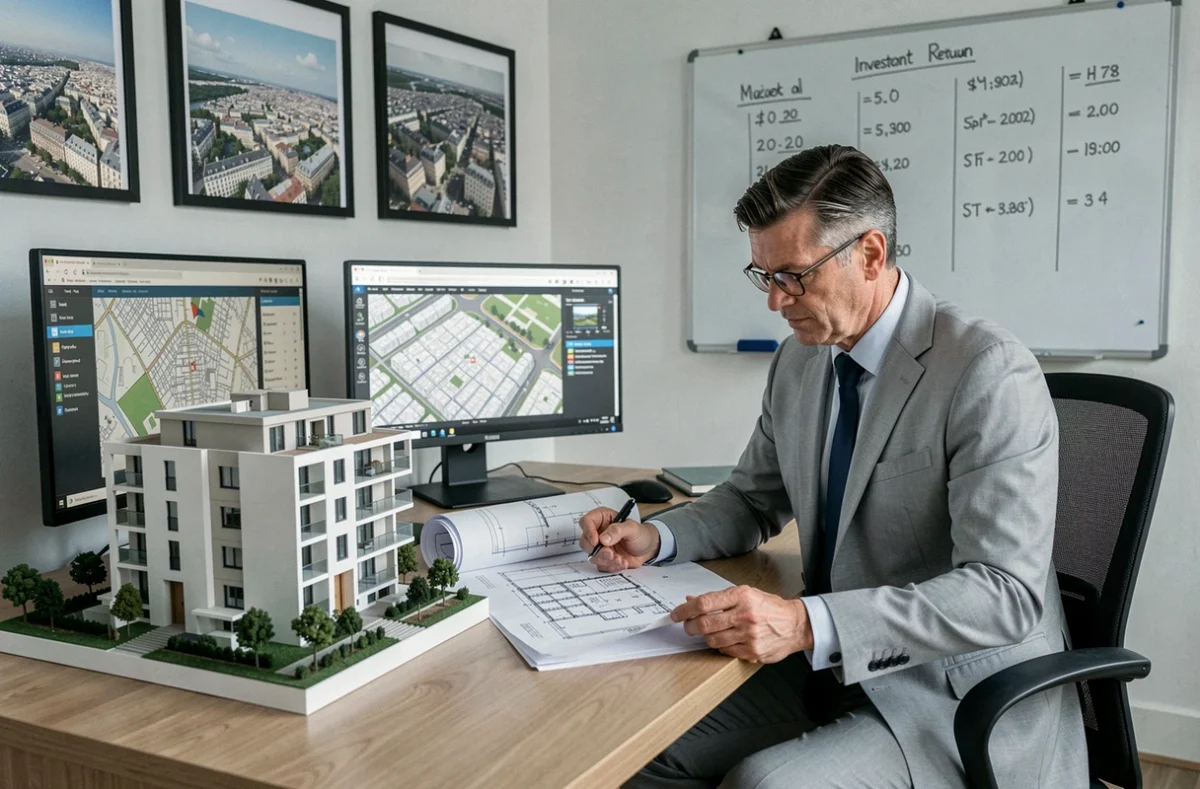 Stratège immobilier de Patrimoine Conseil Immobilier étudiant des plans d'investissement avec maquette et cartes de zonage