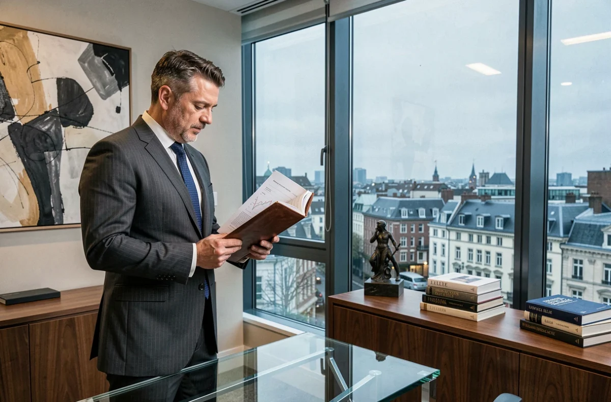 Gestionnaire de patrimoine de Peps Invest debout devant une fenêtre avec vue sur Lille, consultant des rapports d'investissement