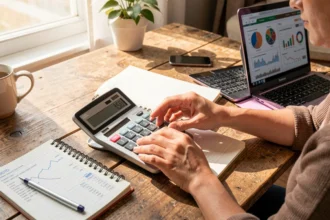 Personne calculant son salaire mensuel avec une calculatrice et un carnet