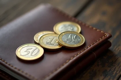 Pièces de 50 centimes d'euro en gros plan sur un portefeuille en cuir usé posé sur une table en bois