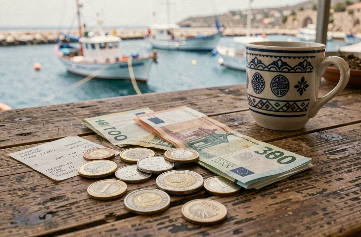 Pièces et billets en euros grecs posés sur une table de taverne avec vue sur un port grec en arrière-plan