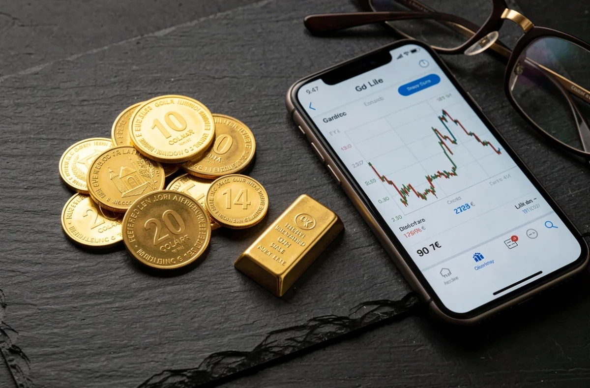 Pièces et lingot en or 24 carats avec graphique du prix au gramme affiché sur smartphone