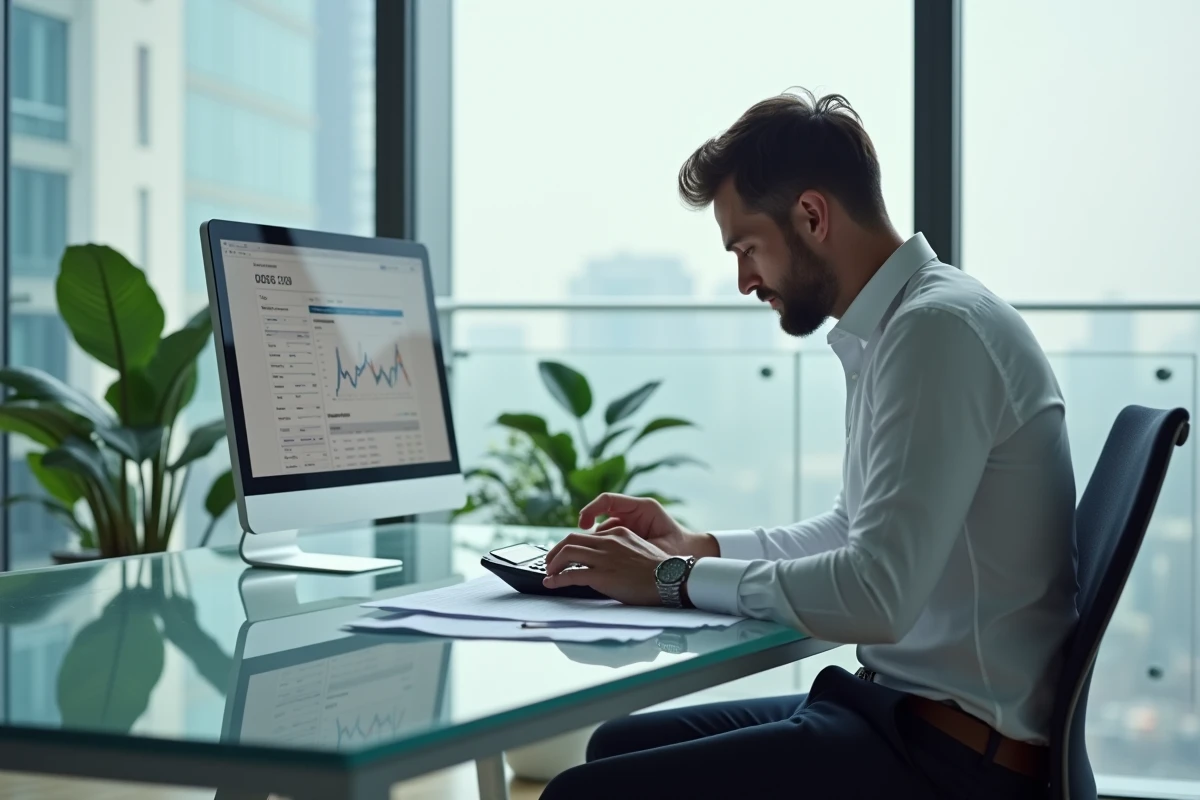 Homme en costume utilisant une calculatrice pour convertir son salaire brut en net avec prélèvement à la source dans un bureau d'entreprise