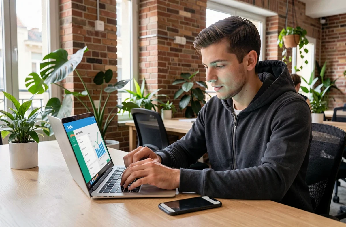 Un jeune professionnel utilise l'application Pretto pour gérer sa demande de crédit immobilier en ligne