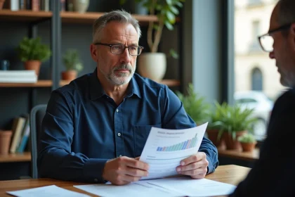 Un homme d'âge mûr examine des documents de rente accident du travail avec un conseiller en assurance dans un bureau professionnel