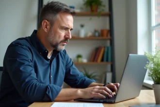 Homme tapant son identifiant sur un écran de connexion bancaire en ligne depuis son bureau à domicile