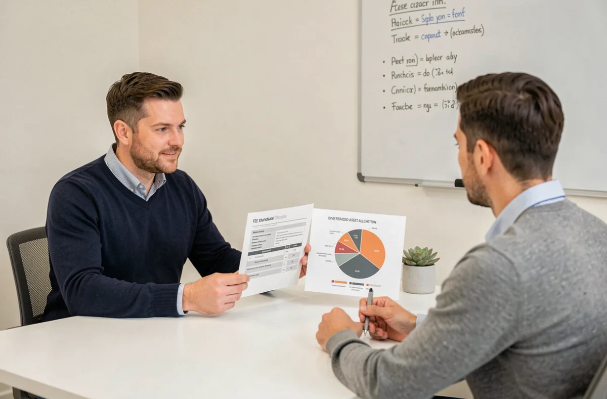 Conseiller indépendant de Rempart Financier présentant une structure de frais transparente à un client dans un bureau épuré