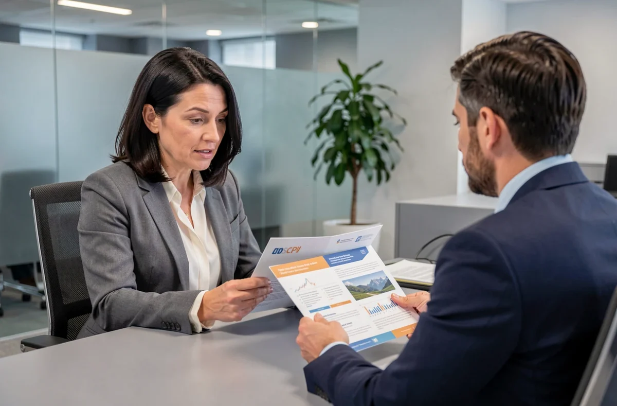 Femme en rendez-vous avec un conseiller financier pour discuter d'un investissement en SCPI