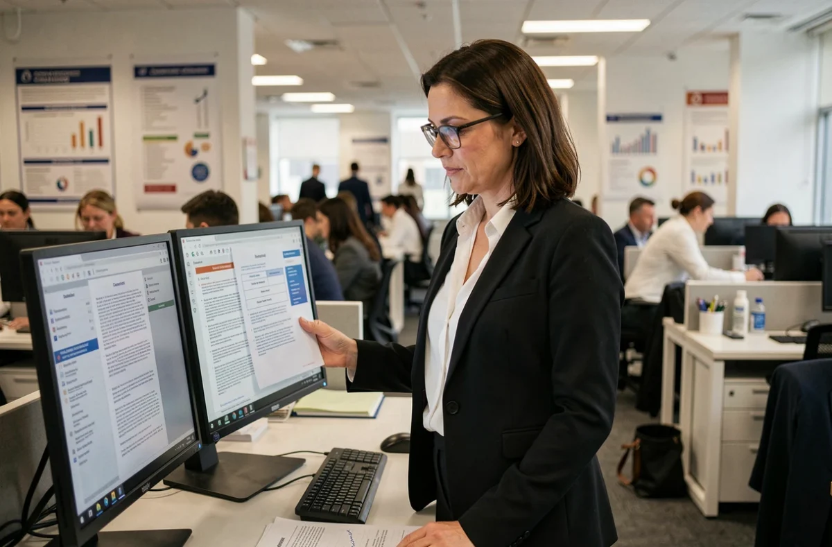Responsable conformité féminine comparant les directives MiFID I et MiFID II sur double écran dans un bureau financier moderne