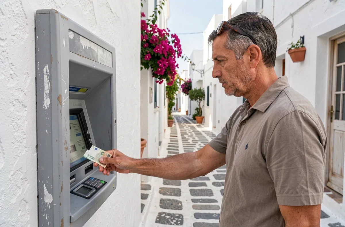 Homme retirant des euros à un distributeur automatique dans une rue ensoleillée d'une île grecque
