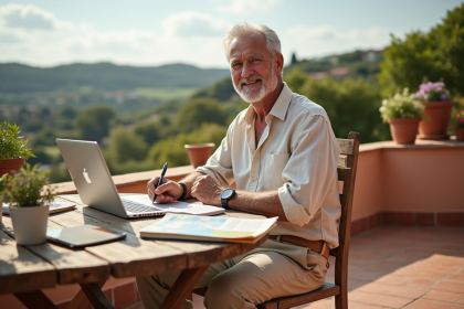 Homme retraité souriant planifiant voyage sur terrasse ensoleillee