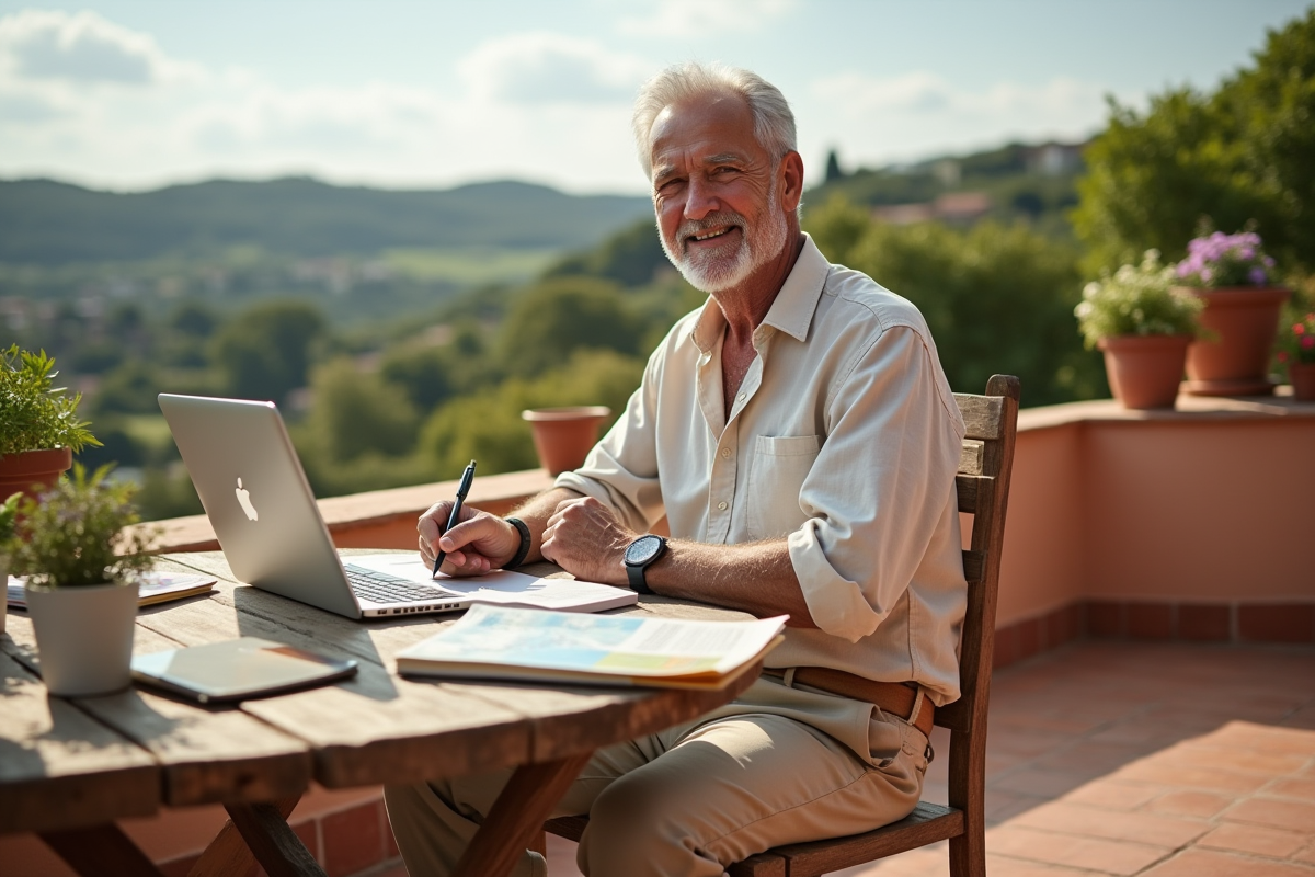 Homme retraité souriant planifiant voyage sur terrasse ensoleillee
