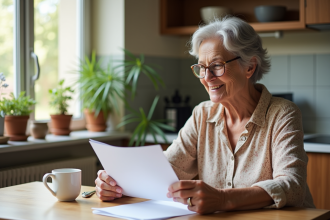 Femme retraitée examine documents de pension dans sa cuisine