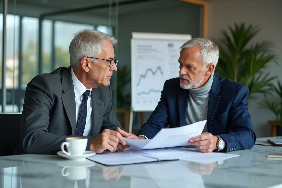 Deux investisseurs expérimentés en réunion discutant d'une stratégie d'investissement à long terme et de gestion de fortune autour d'un rapport financier