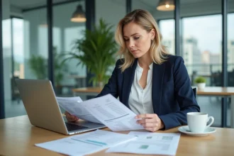 Femme cadre en bureau analysant des fiches de paie et documents salariaux, illustrant la différence de salaire brut net entre cadre et non-cadre