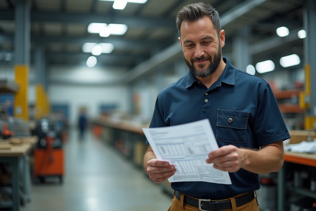 Ouvrier non-cadre en atelier industriel consultant sa fiche de paie, représentant le salaire net d'un non-cadre à 2200 euros brut