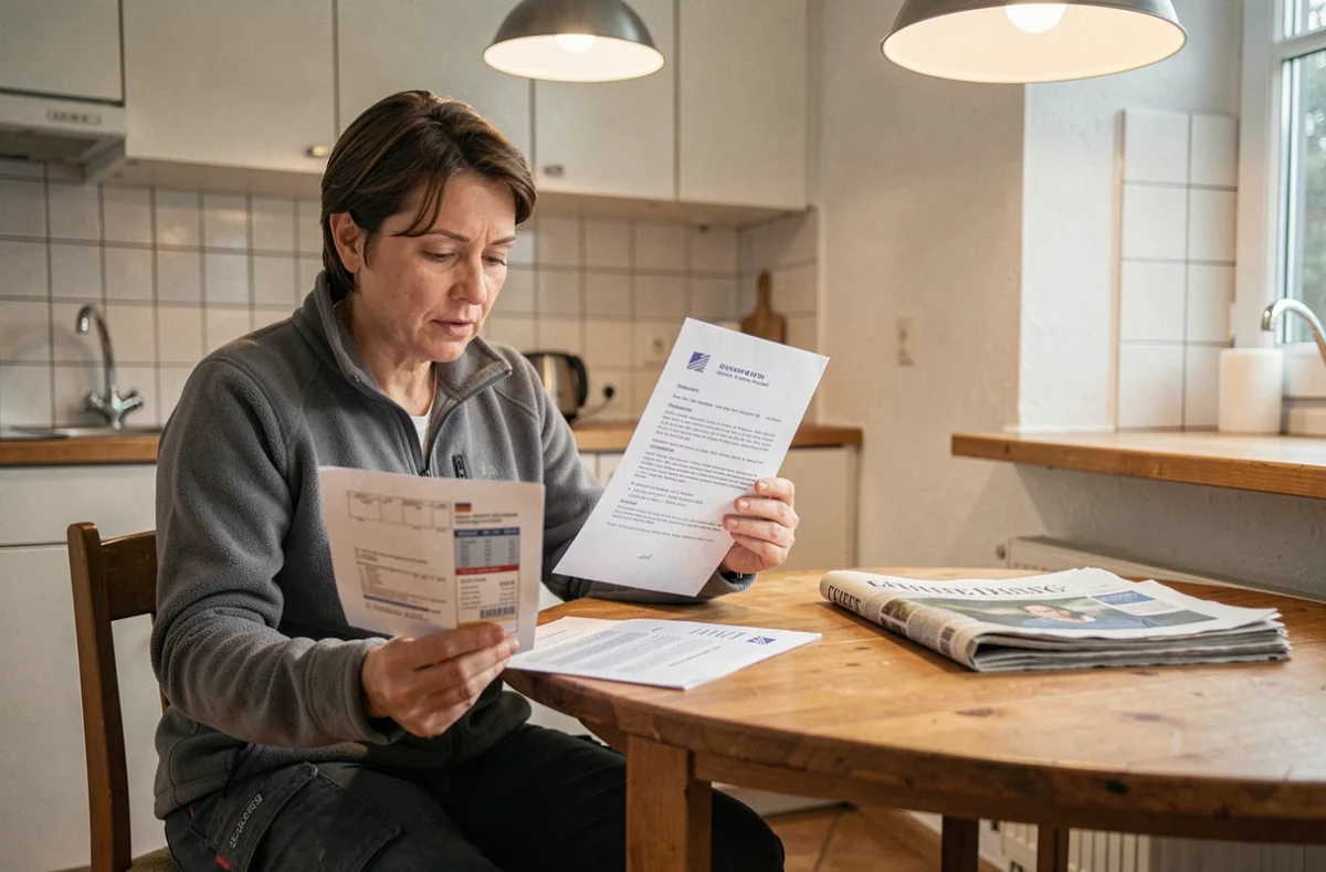 Femme française examinant son contrat de travail et ses fiches de paie allemandes dans un appartement en Allemagne, illustrant les avantages du salaire minimum allemand