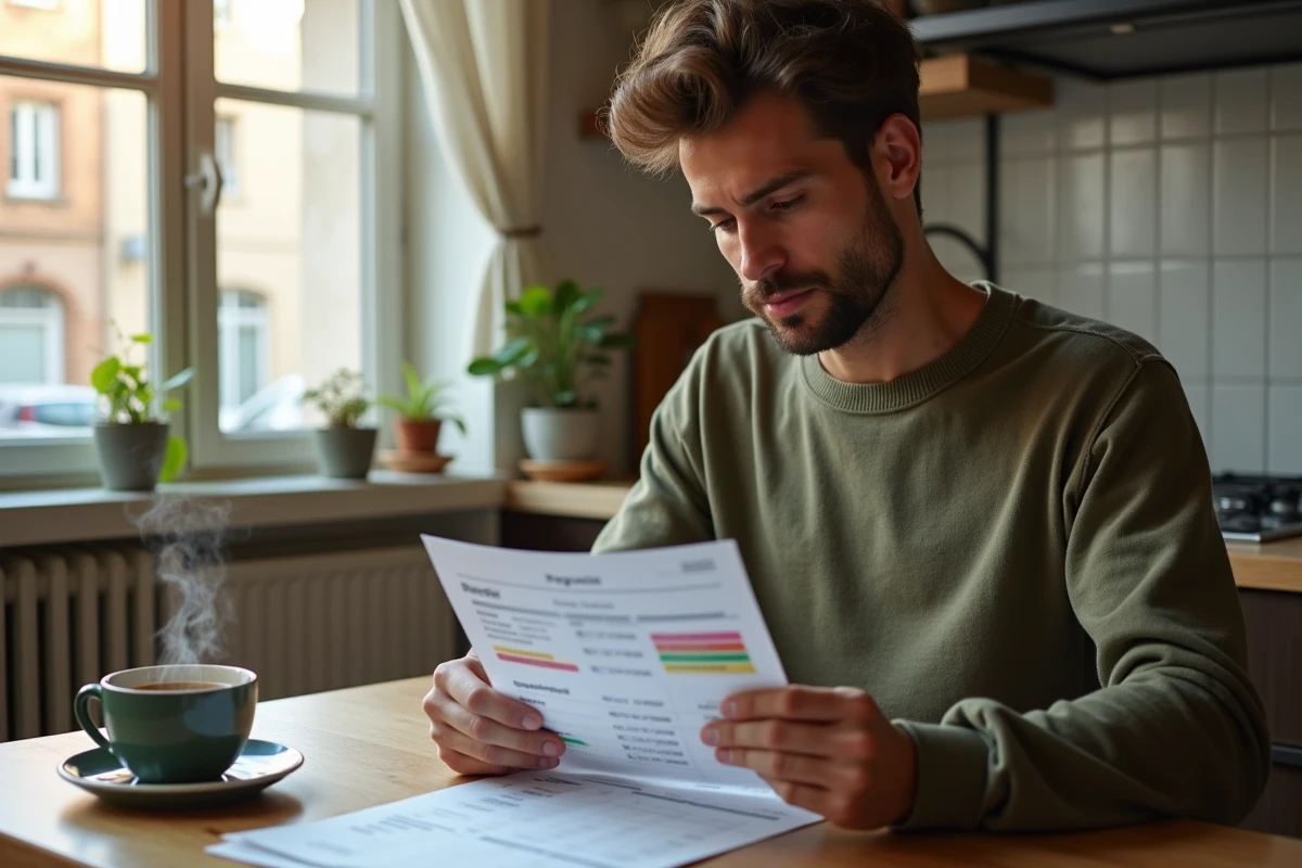 Jeune salarié français comparant sa fiche de paie au barème du SMIC à son domicile