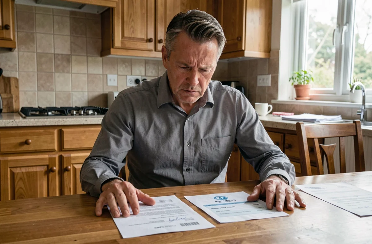 Homme stressé lisant une lettre de sanction pour chèque impayé à son domicile