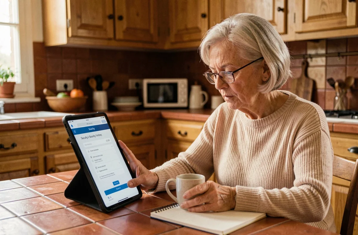 Femme senior consultant les informations de sécurité de son compte en ligne Compte Ca des Savoie sur une tablette dans une cuisine