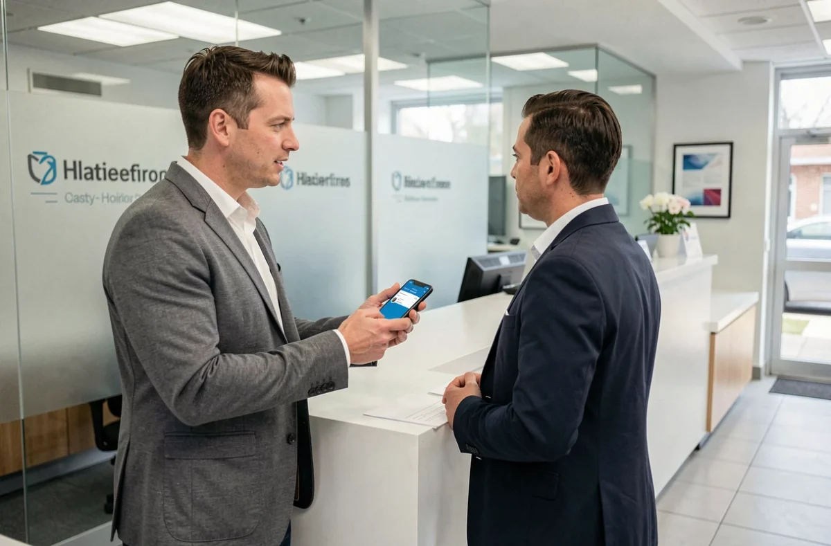 Client consultant son application bancaire sécurisée Compte Ca des Savoie en agence avec un conseiller