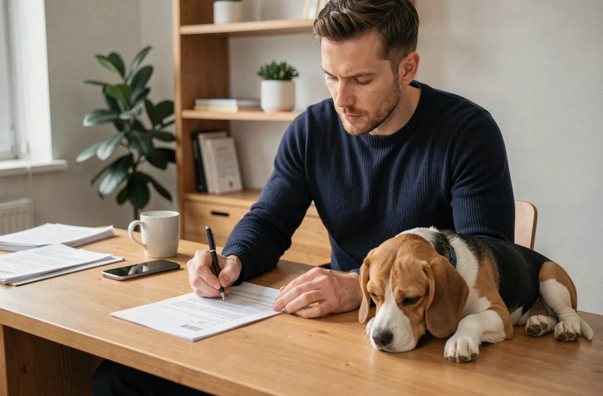 Homme signant un contrat d'assurance chien sans délai de carence avec son beagle sur le bureau