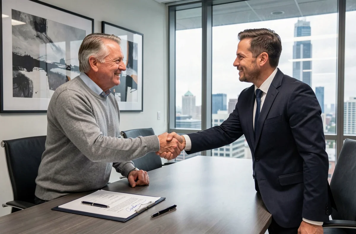 Signature d'un accord de crédit bancaire pour l'acquisition de parts de SCPI dans une salle de réunion en ville