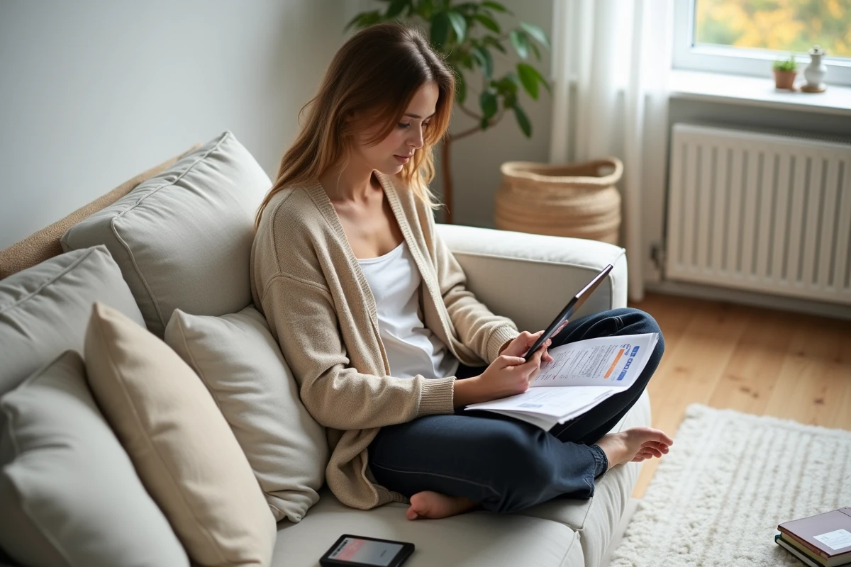 Jeune femme consultant un simulateur de salaire net brut sur tablette depuis son salon pour comprendre le prélèvement à la source