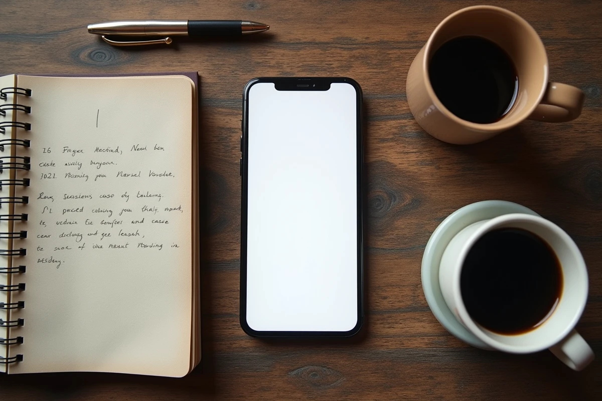 Vue aérienne d'un smartphone affichant un tableau de bord de service en ligne avec carnet de notes et café