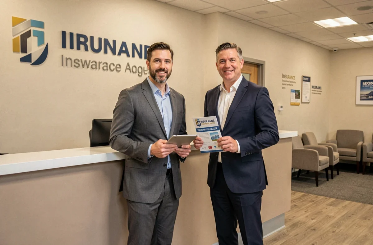 Équipe de Thicor devant l'accueil de leur agence d'assurance moderne avec brochures et tablette