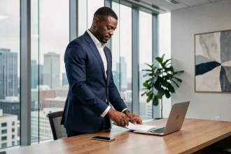 Homme d'affaires athlétique en costume bleu marine dans un bureau moderne avec vue sur la ville, illustrant l'entrée de Tony Parker dans le monde des affaires
