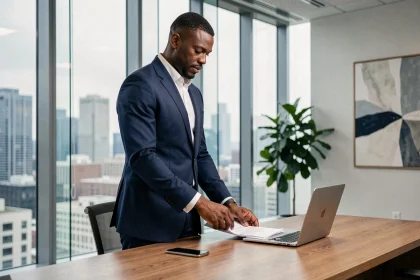 Homme d'affaires athlétique en costume bleu marine dans un bureau moderne avec vue sur la ville, illustrant l'entrée de Tony Parker dans le monde des affaires