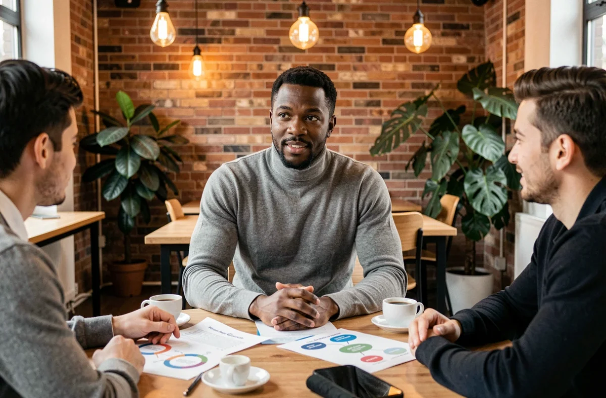 Entrepreneur en col roulé gris discutant avec de jeunes associés dans un espace de co-working moderne, évoquant l'investissement et le mentorat entrepreneurial de Tony Parker