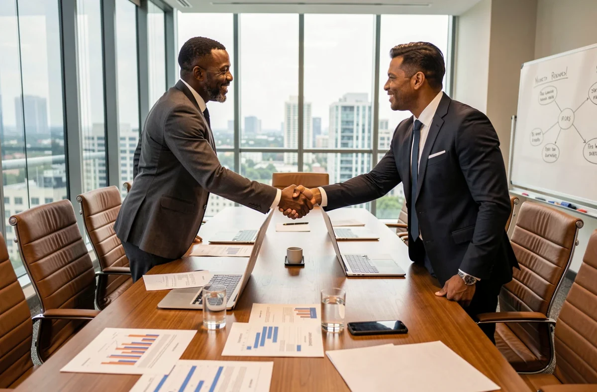 Deux hommes d'affaires se serrant la main lors d'une réunion stratégique dans une salle de conférence moderne, symbolisant les partenariats commerciaux de Tony Parker