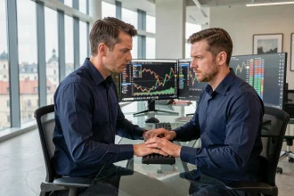 Trader masculin concentré devant plusieurs écrans affichant des données financières en temps réel dans un bureau moderne à Prague