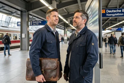 Travailleur français sur un quai de gare en Allemagne regardant les départs, symbolisant la migration économique transfrontalière vers le SMIC allemand