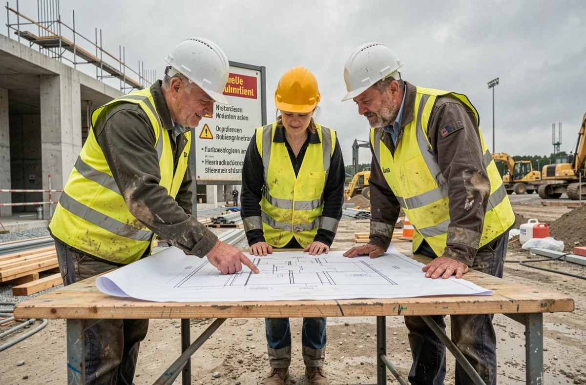 Équipe de travailleurs franco-allemands sur un chantier de construction en Allemagne portant des gilets haute visibilité, représentant les opportunités d'emploi liées au SMIC allemand