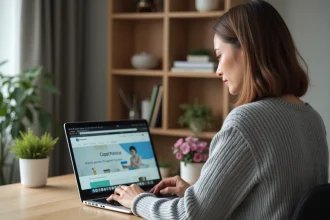 Femme utilisant un service en ligne sur ordinateur portable dans un bureau à domicile moderne