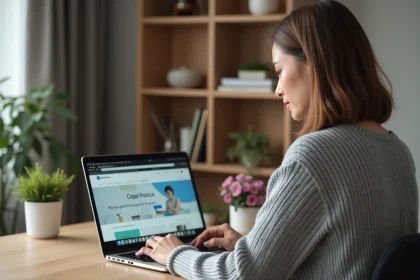 Femme utilisant un service en ligne sur ordinateur portable dans un bureau à domicile moderne