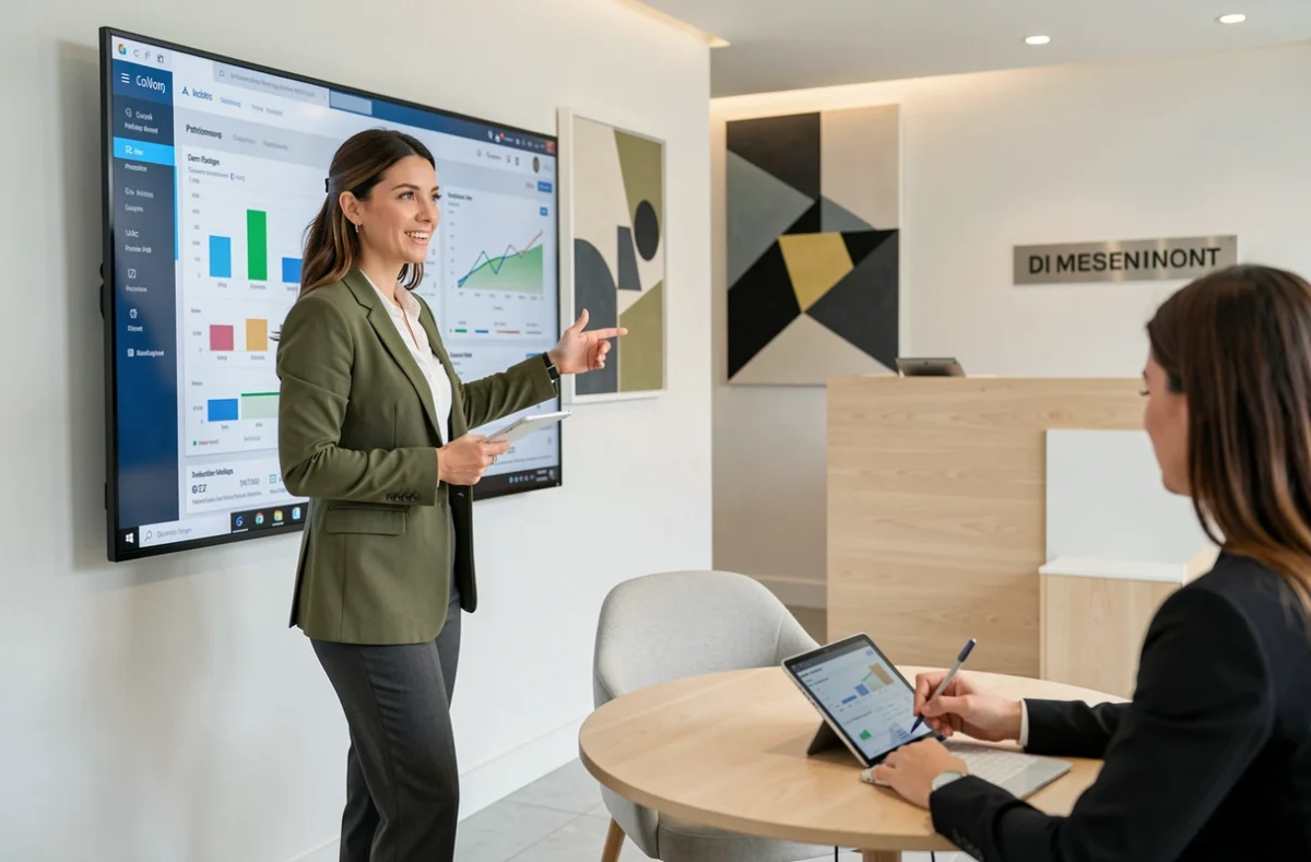 Conseillère de Vaelios Patrimoine présentant un tableau de bord patrimonial sur écran interactif à un client