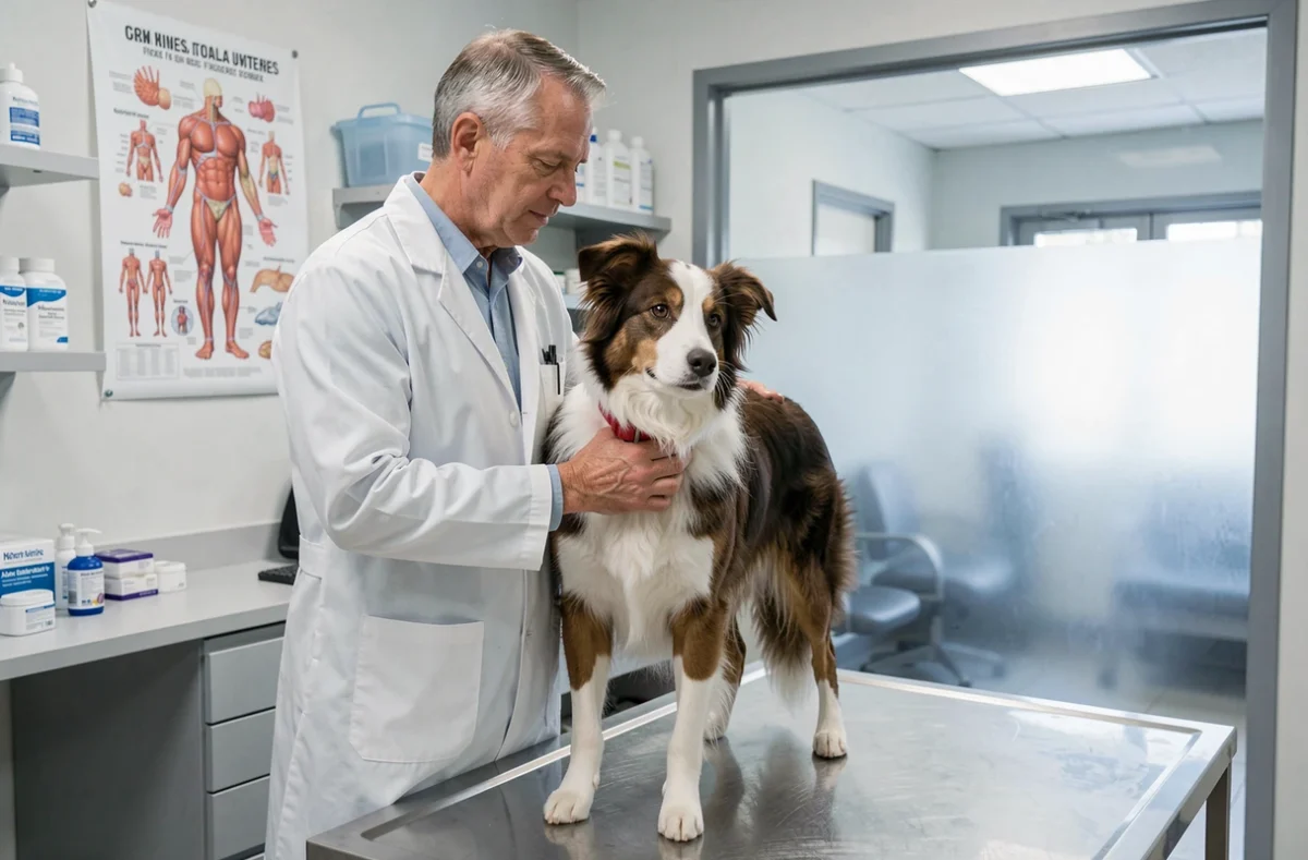 Vétérinaire examinant un border collie en clinique, illustrant l'importance d'une assurance chien immédiate
