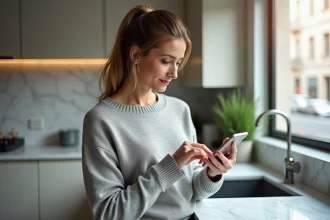 Femme effectuant un virement instantané depuis son smartphone dans une cuisine moderne