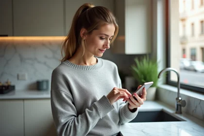 Femme effectuant un virement instantané depuis son smartphone dans une cuisine moderne